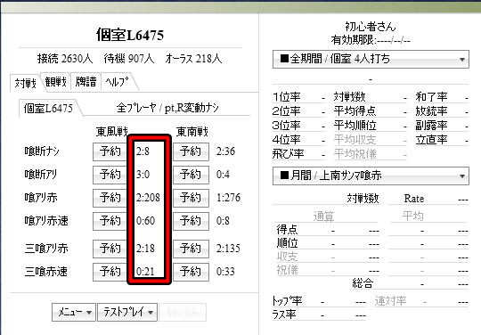 『天鳳』FLASH版ログイン後の画面